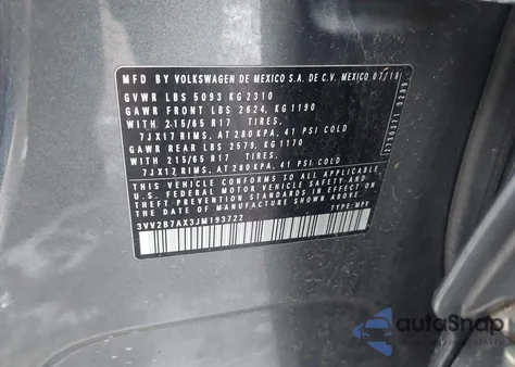 2018 Volkswagen Tiguan 2.0T Se/2.0T Sel из США, поврежденный, VIN 3VV2B7AX3JM193722